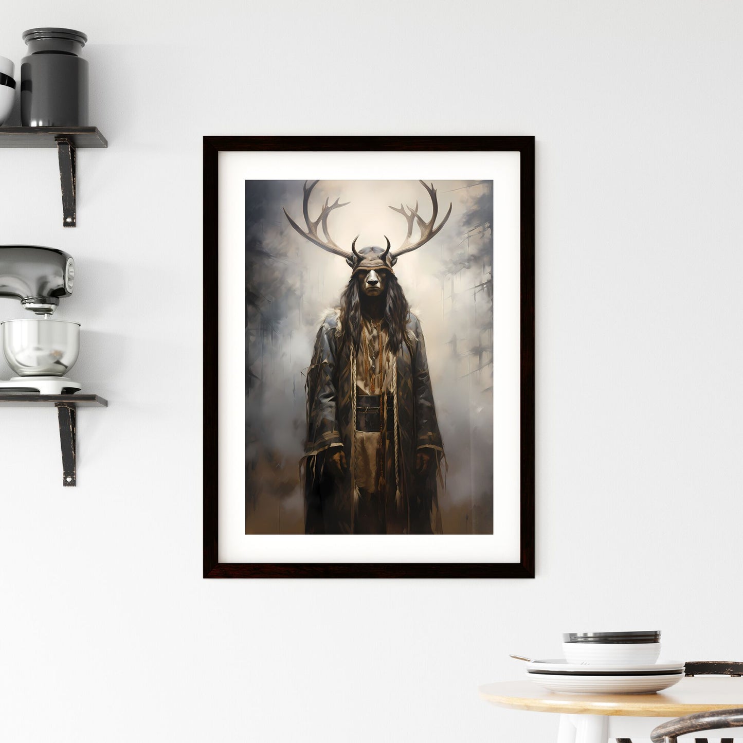 A Poster of an oil painting of a black elk in the fog - A Person In A Garment With Antlers Default Title
