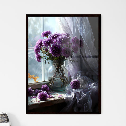 A Poster of A pot of purple chrysanthemums by the windowsill - A Vase Of Purple Flowers In Front Of A Window Default Title