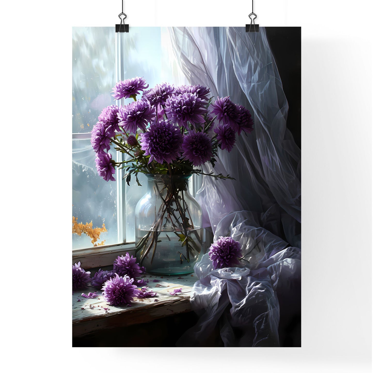 A Poster of A pot of purple chrysanthemums by the windowsill - A Vase Of Purple Flowers In Front Of A Window Default Title