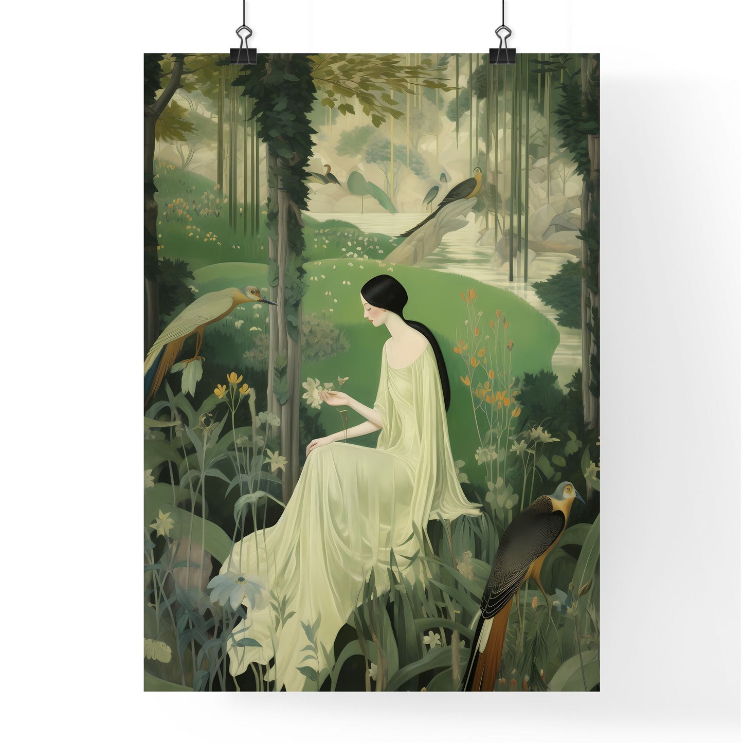 A Poster of the large tapestry and its green colors - A Woman In A White Dress Sitting In A Forest With Birds Default Title
