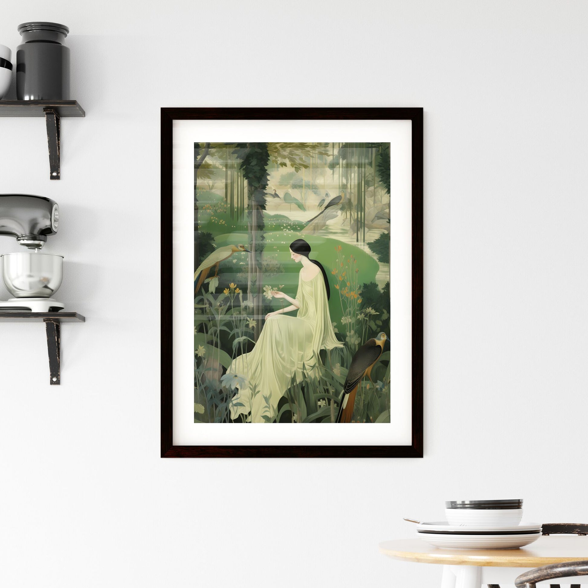 A Poster of the large tapestry and its green colors - A Woman In A White Dress Sitting In A Forest With Birds Default Title