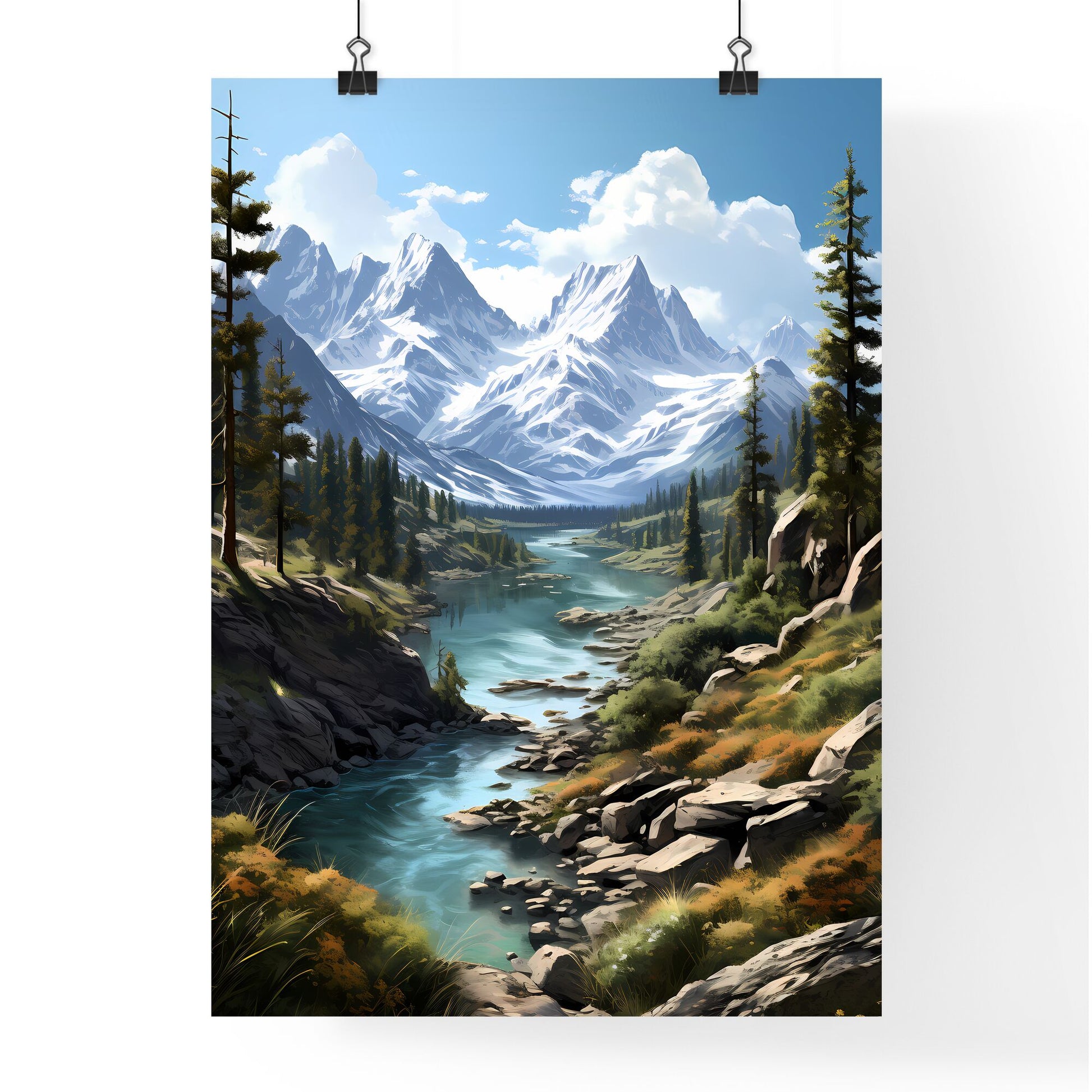 A Poster of BANFF National Park - A River Running Through A Valley With Trees And Mountains Default Title