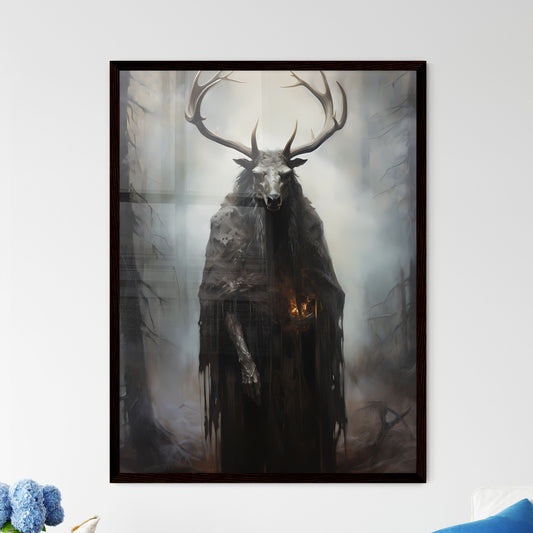 A Poster of an oil painting of a black elk in the fog - A Person In A Robe With Antlers Default Title