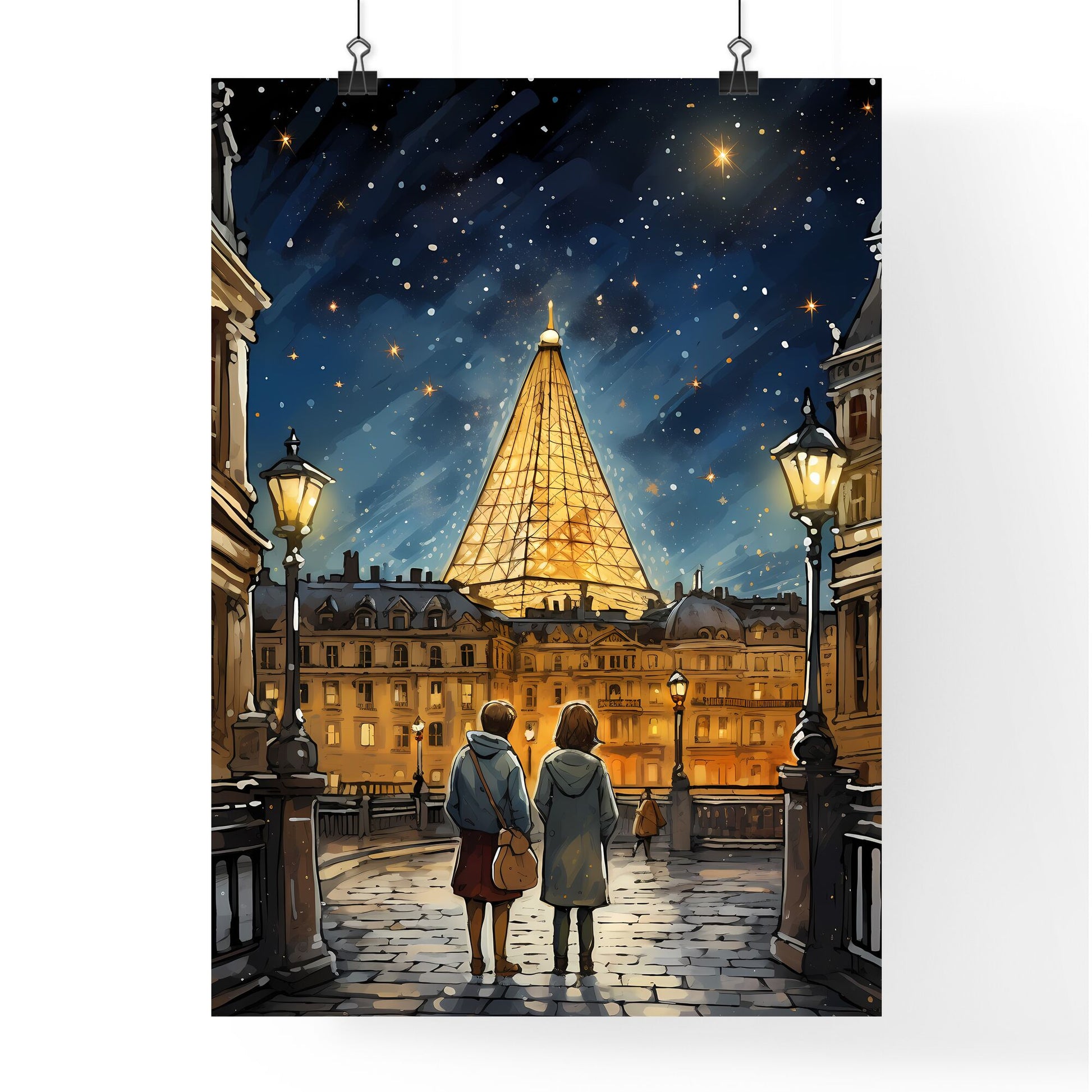 A Poster of adorable christmas illustration card - A Couple Of People Walking In A Courtyard With A Large Pyramid In The Background Default Title