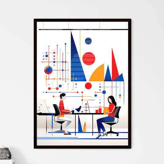 A Poster of minimalist office art - A Man And Woman Sitting At A Table With Laptops Default Title