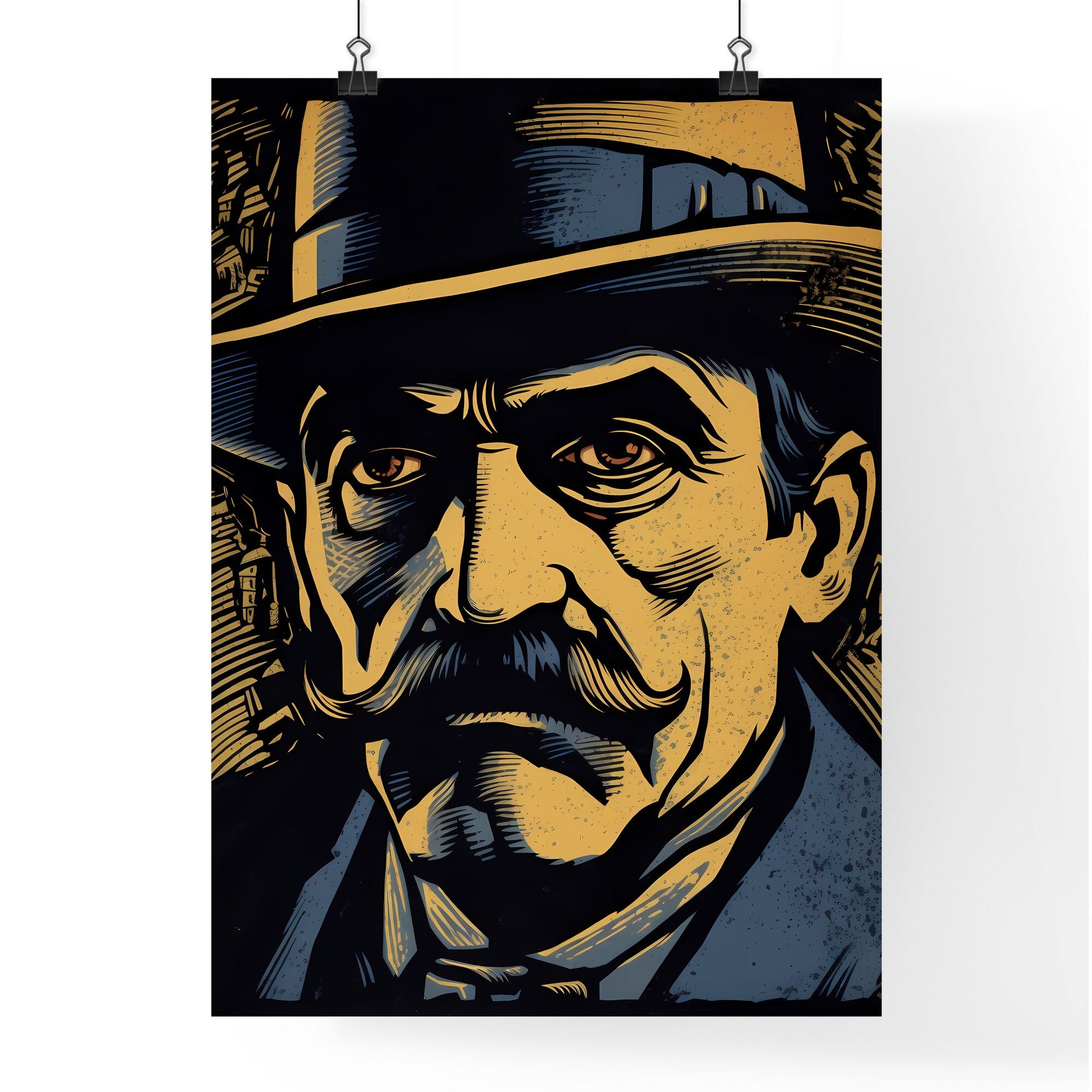 A Poster of early 20th-centry poster-style linocut - A Man With A Mustache Wearing A Hat Default Title