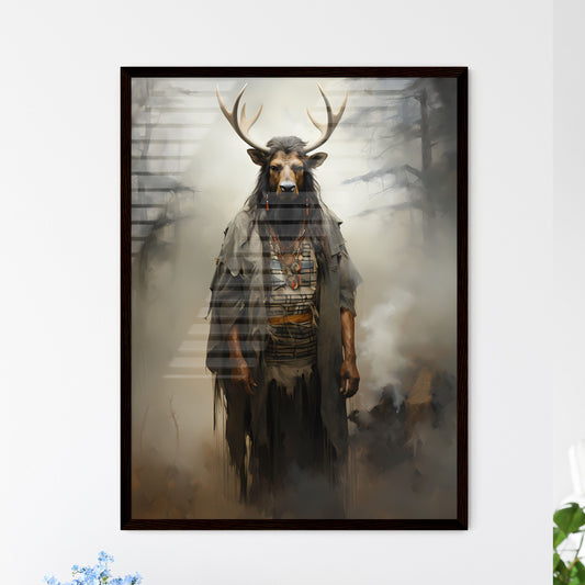 A Poster of an oil painting of a black elk in the fog - A Man With Antlers And A Robe In A Forest Default Title
