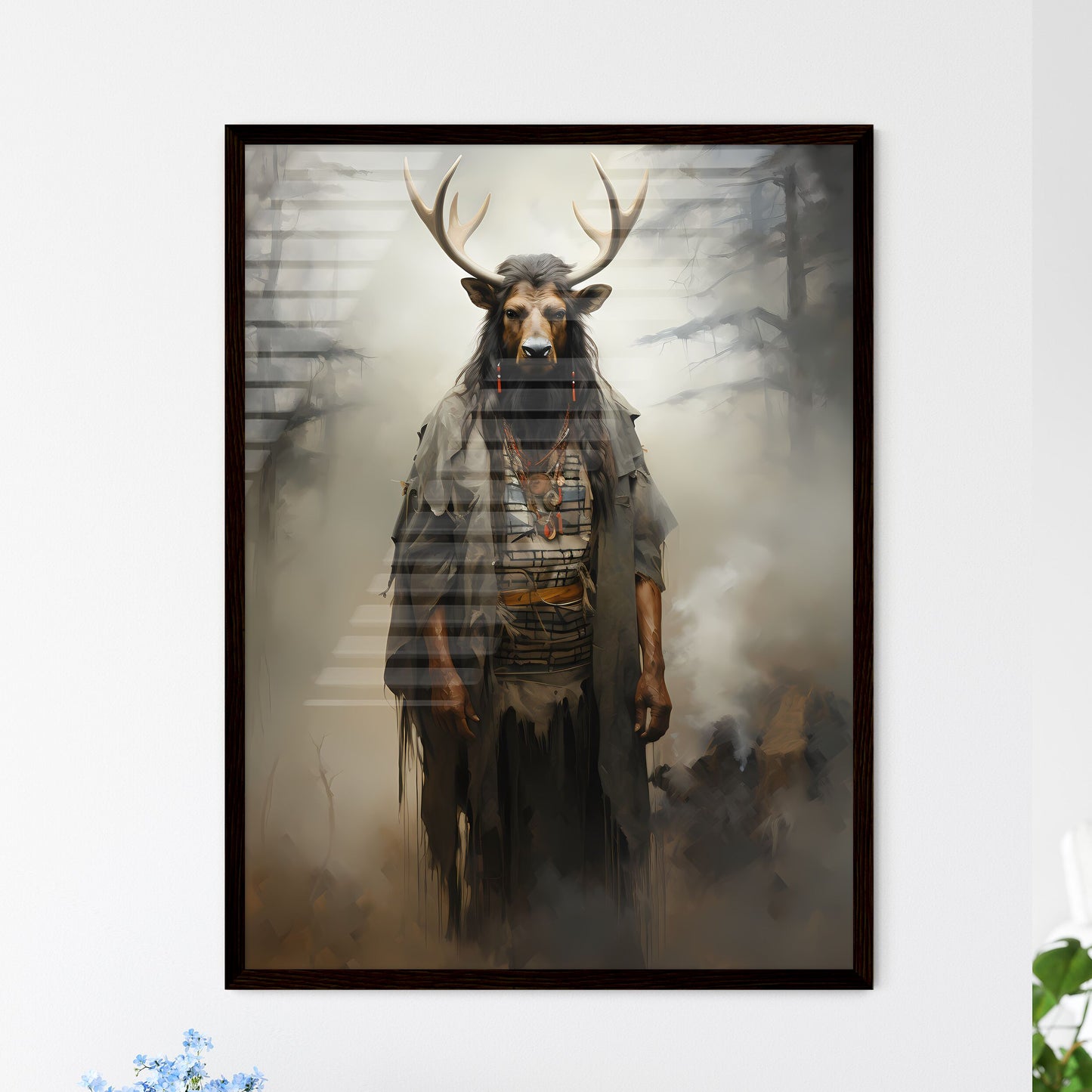 A Poster of an oil painting of a black elk in the fog - A Man With Antlers And A Robe In A Forest Default Title