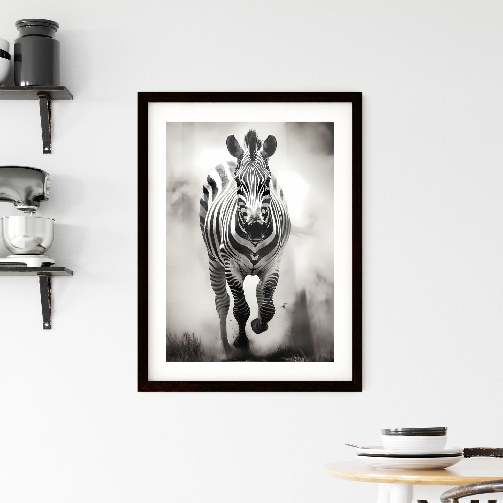 A Poster of A black and white zebra is running - A Zebra Running In The Wild Default Title