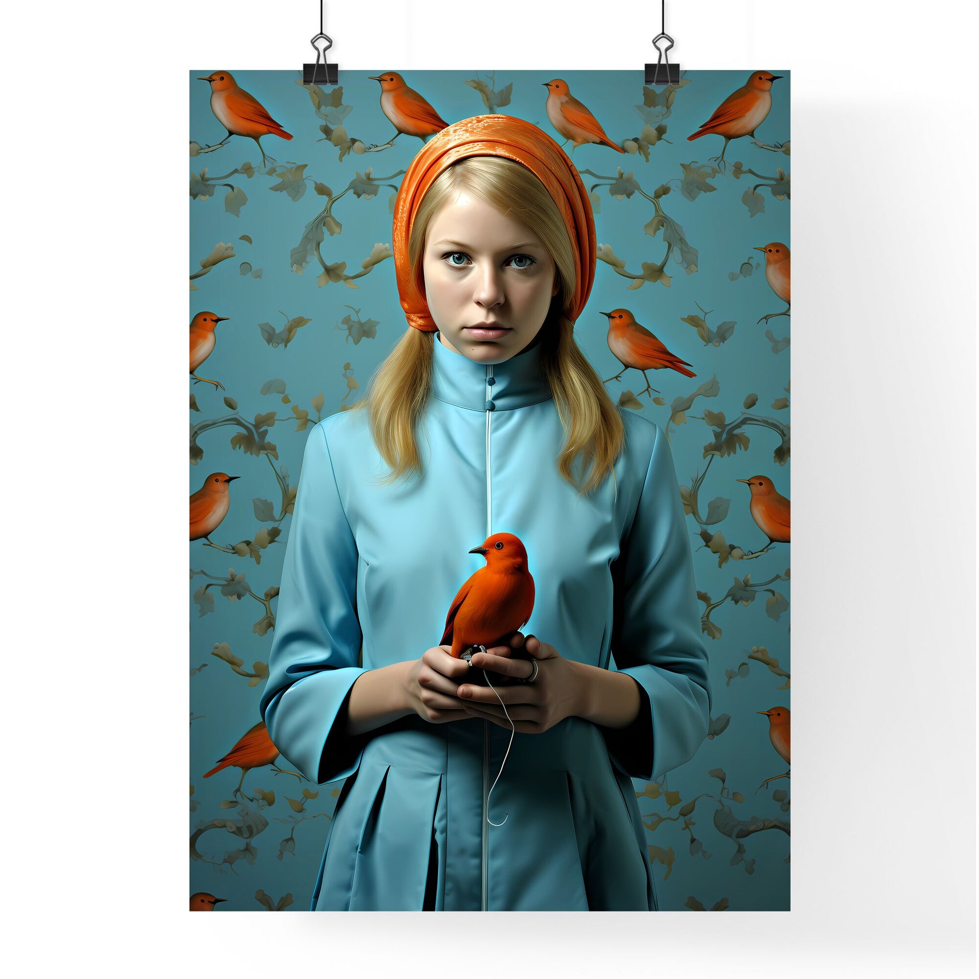 A Poster of a painting of a girl holding a blue bird - A Woman Holding A Bird Default Title