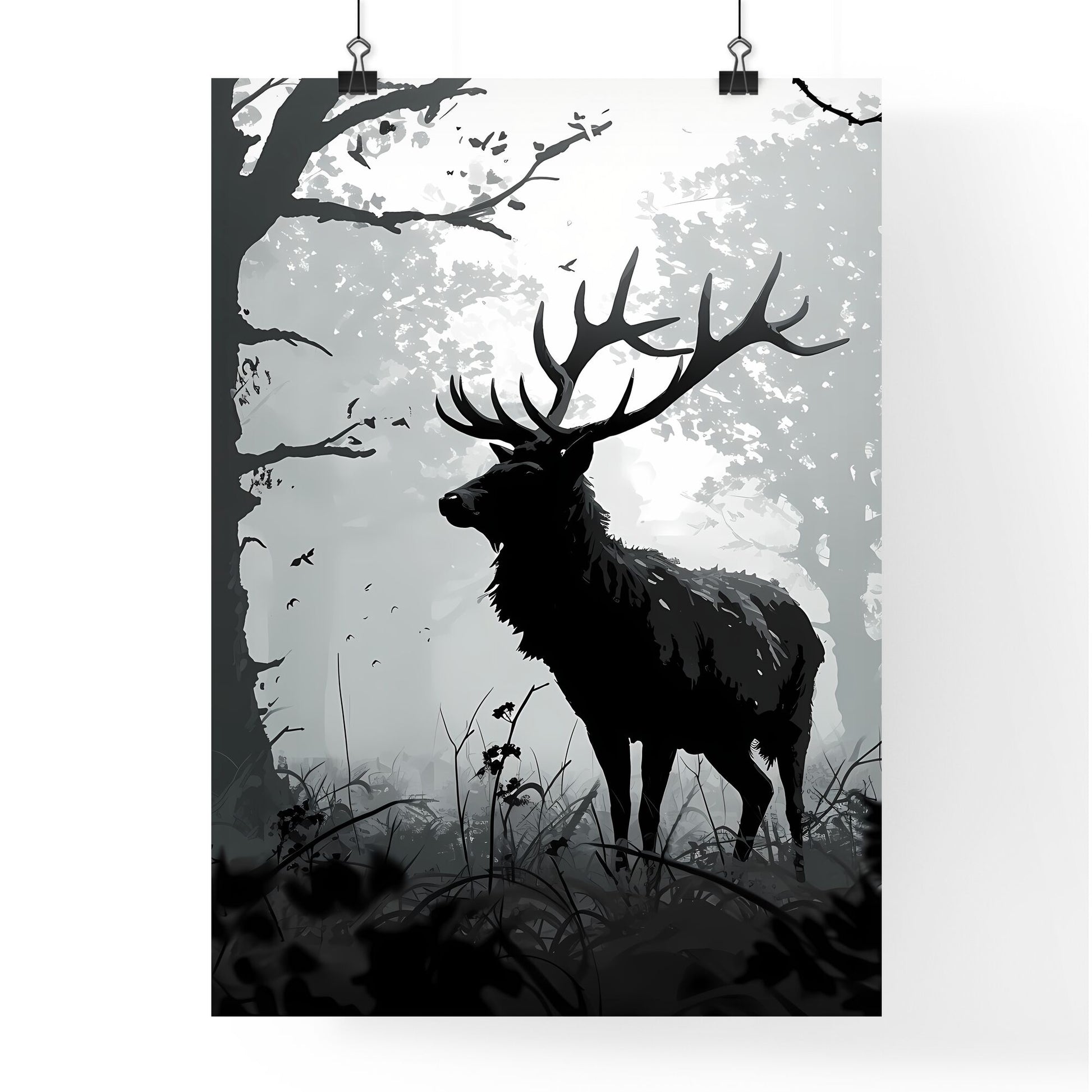 A Poster of deer in the woods - A Black And White Image Of A Deer In The Woods Default Title