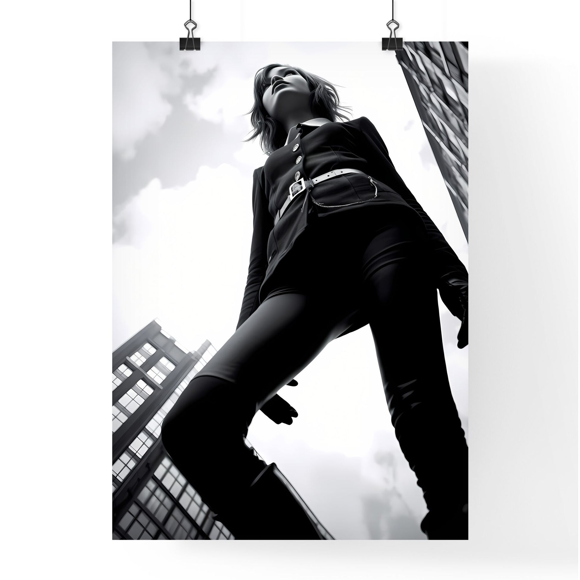 A Poster of girl model shooting low angle shot - A Woman Standing In Front Of Tall Buildings Default Title