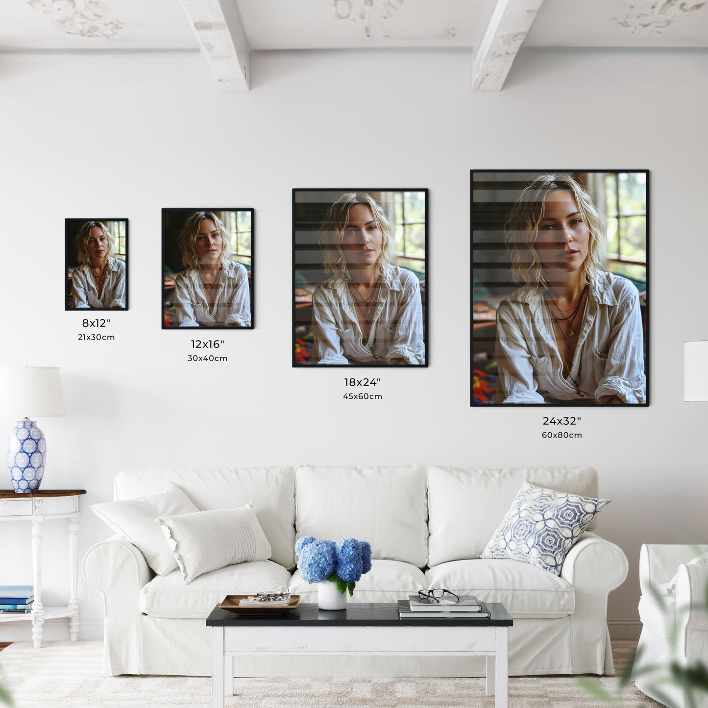 A Poster of A well-lit room with neutral-colored walls - A Woman With Blonde Hair Wearing A White Shirt Default Title