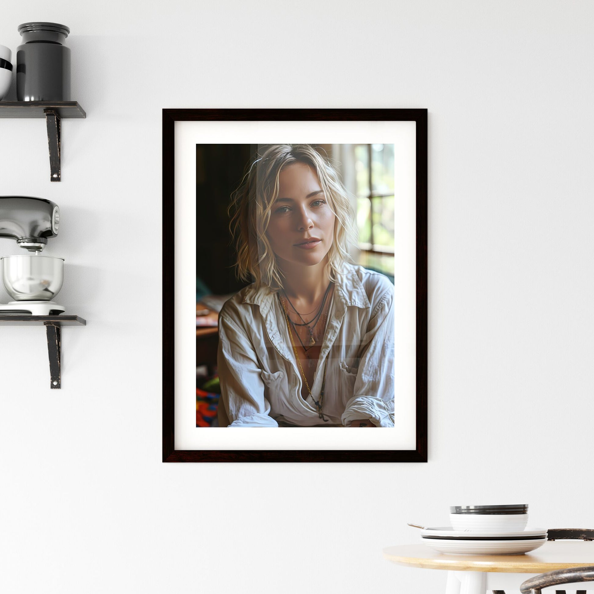 A Poster of A well-lit room with neutral-colored walls - A Woman With Blonde Hair Wearing A White Shirt Default Title