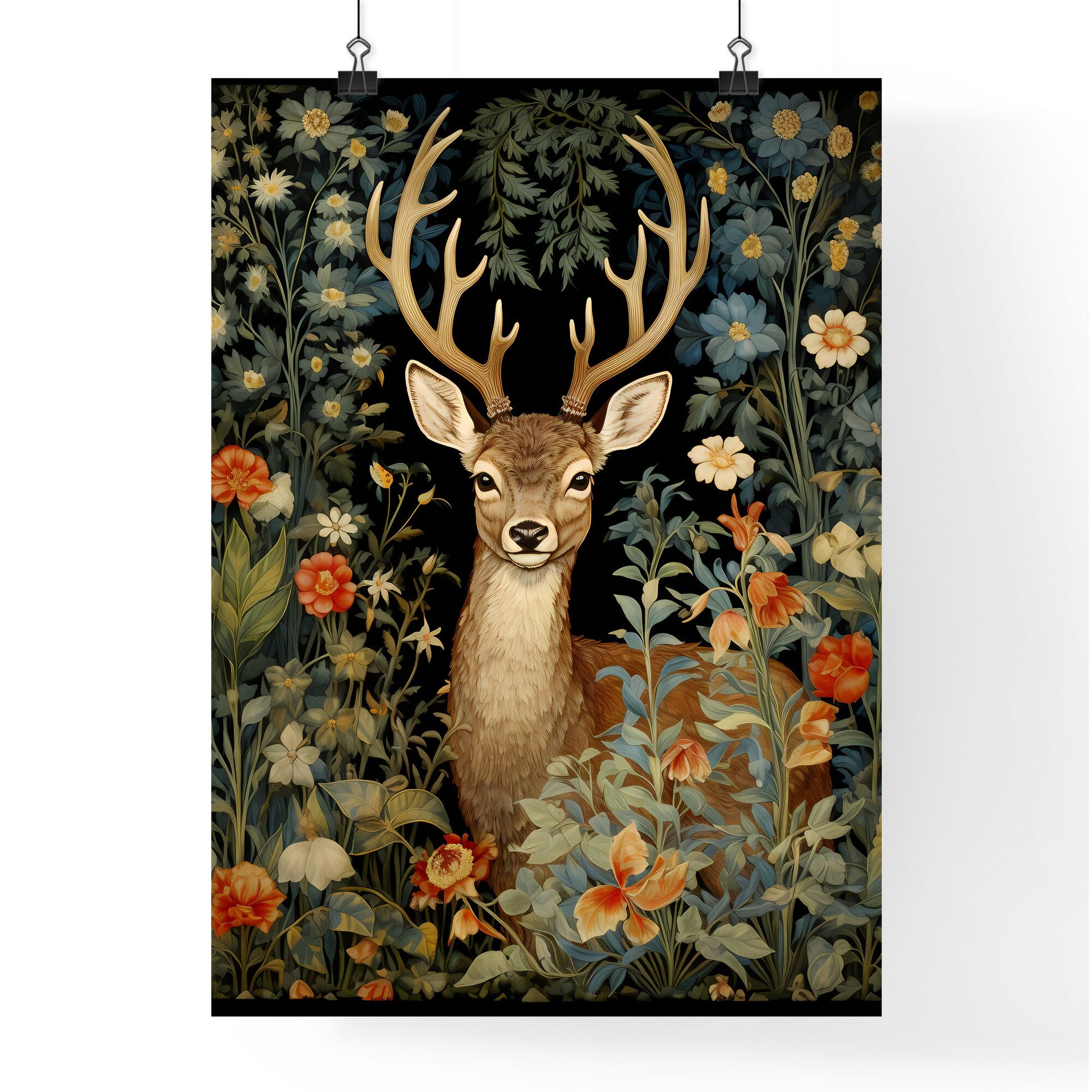 A Poster of a deer in the middle of floral tapestry - A Deer In A Garden Default Title