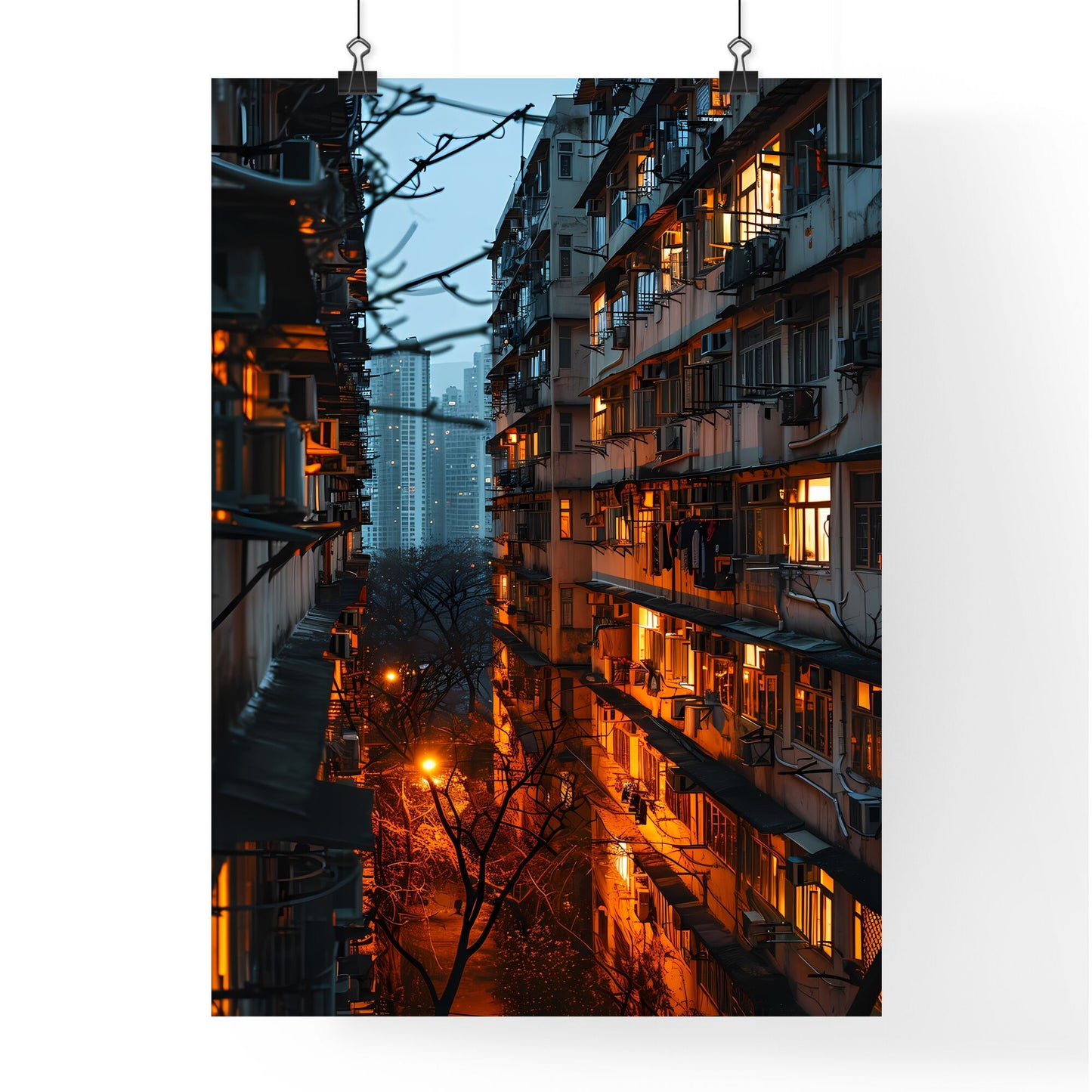 A Poster of a straight facade of a big aparment block building - A Building With Many Windows And Lights Default Title