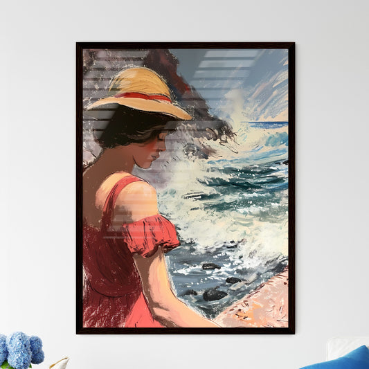 A Poster of pretty lady at the beach - A Woman In A Hat Looking At The Ocean Default Title
