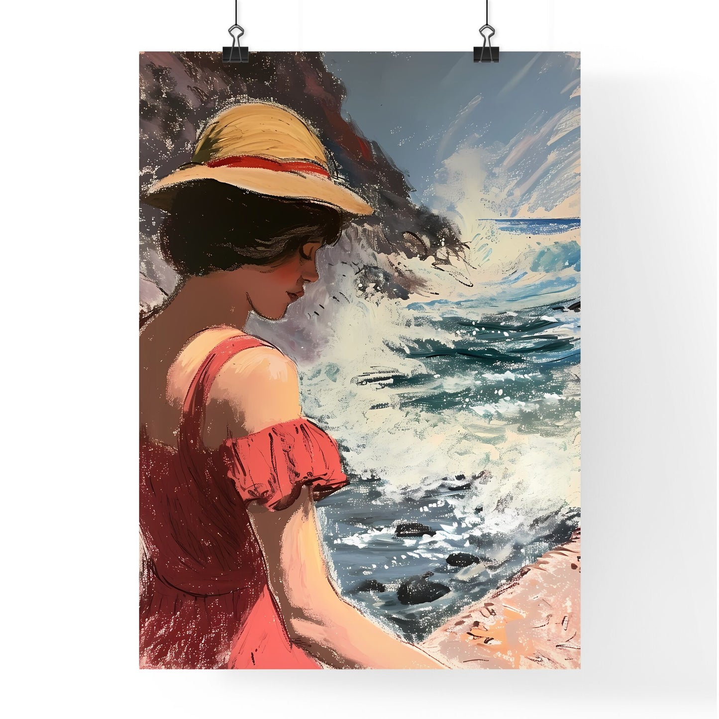 A Poster of pretty lady at the beach - A Woman In A Hat Looking At The Ocean Default Title