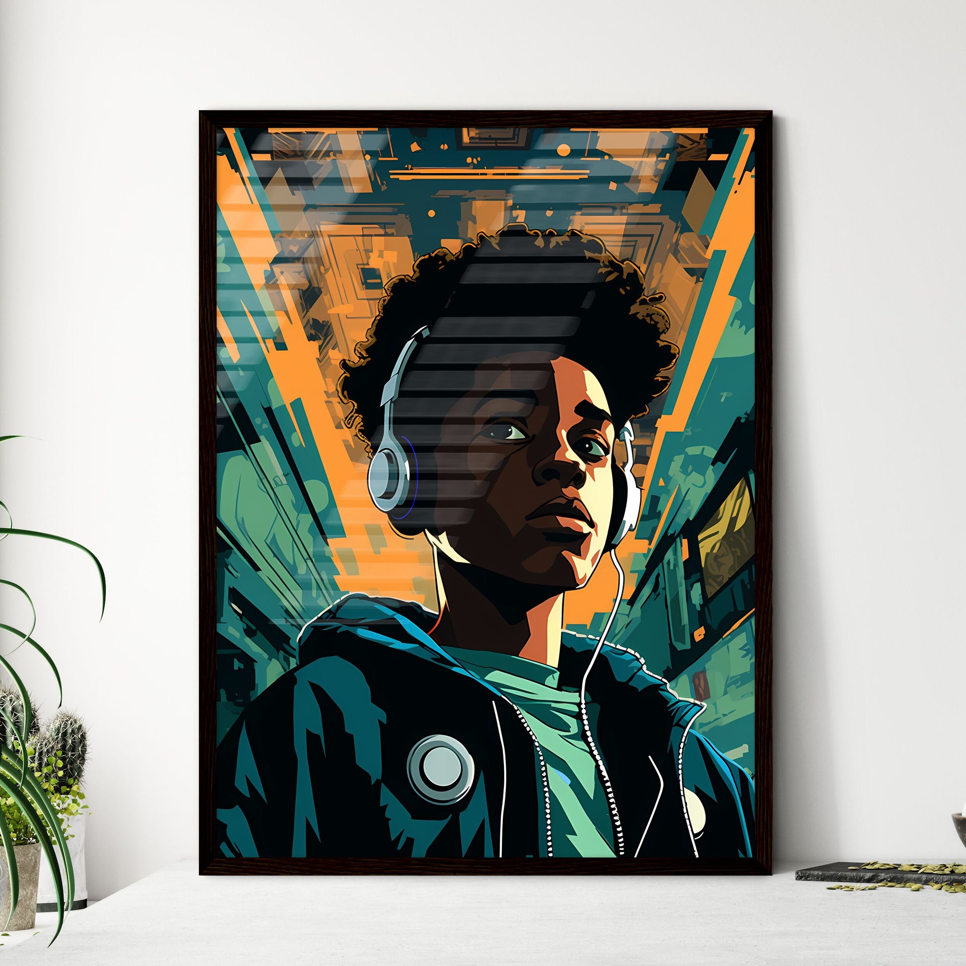 A Poster of a black teenager listening - A Boy Wearing Headphones And Looking Up Default Title