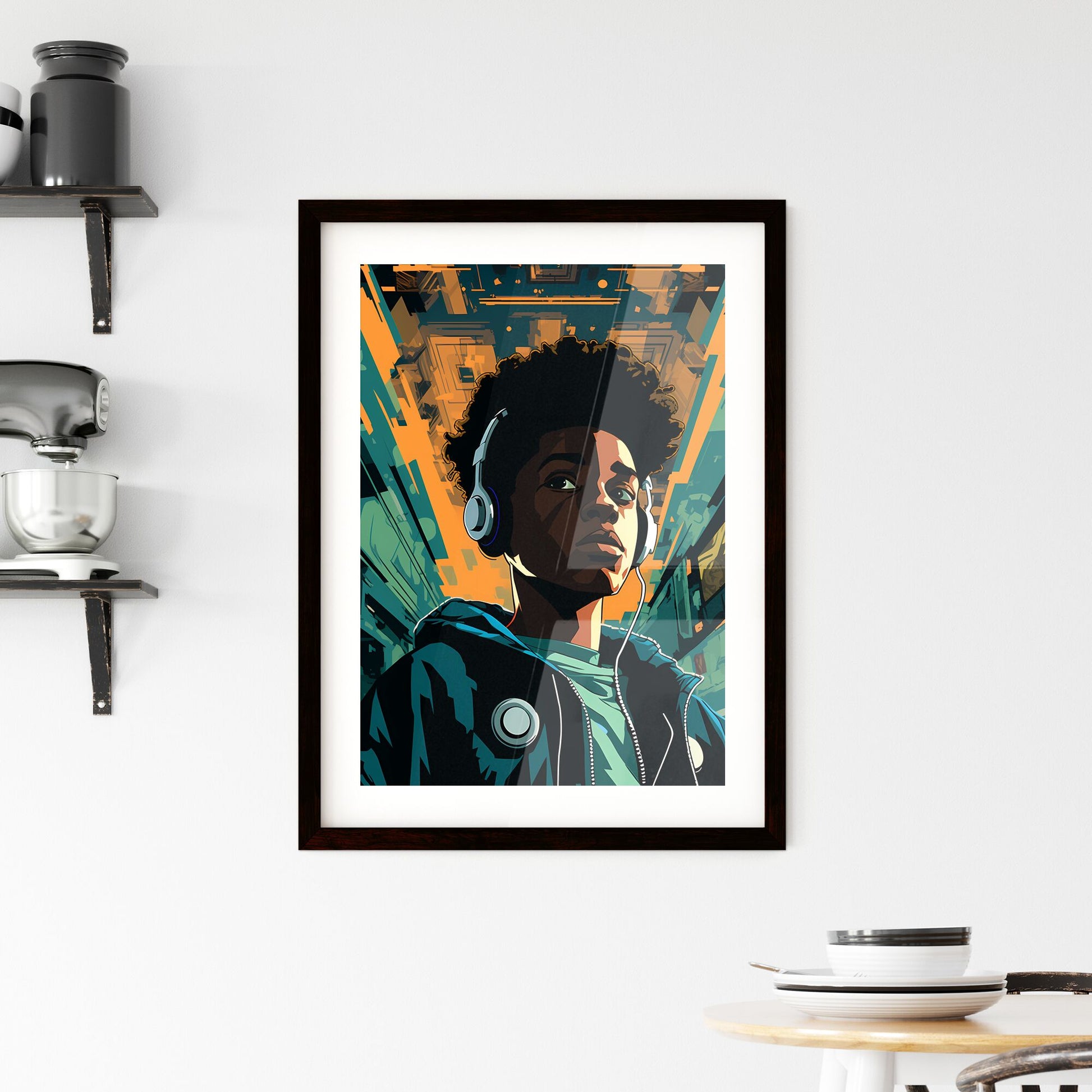 A Poster of a black teenager listening - A Boy Wearing Headphones And Looking Up Default Title