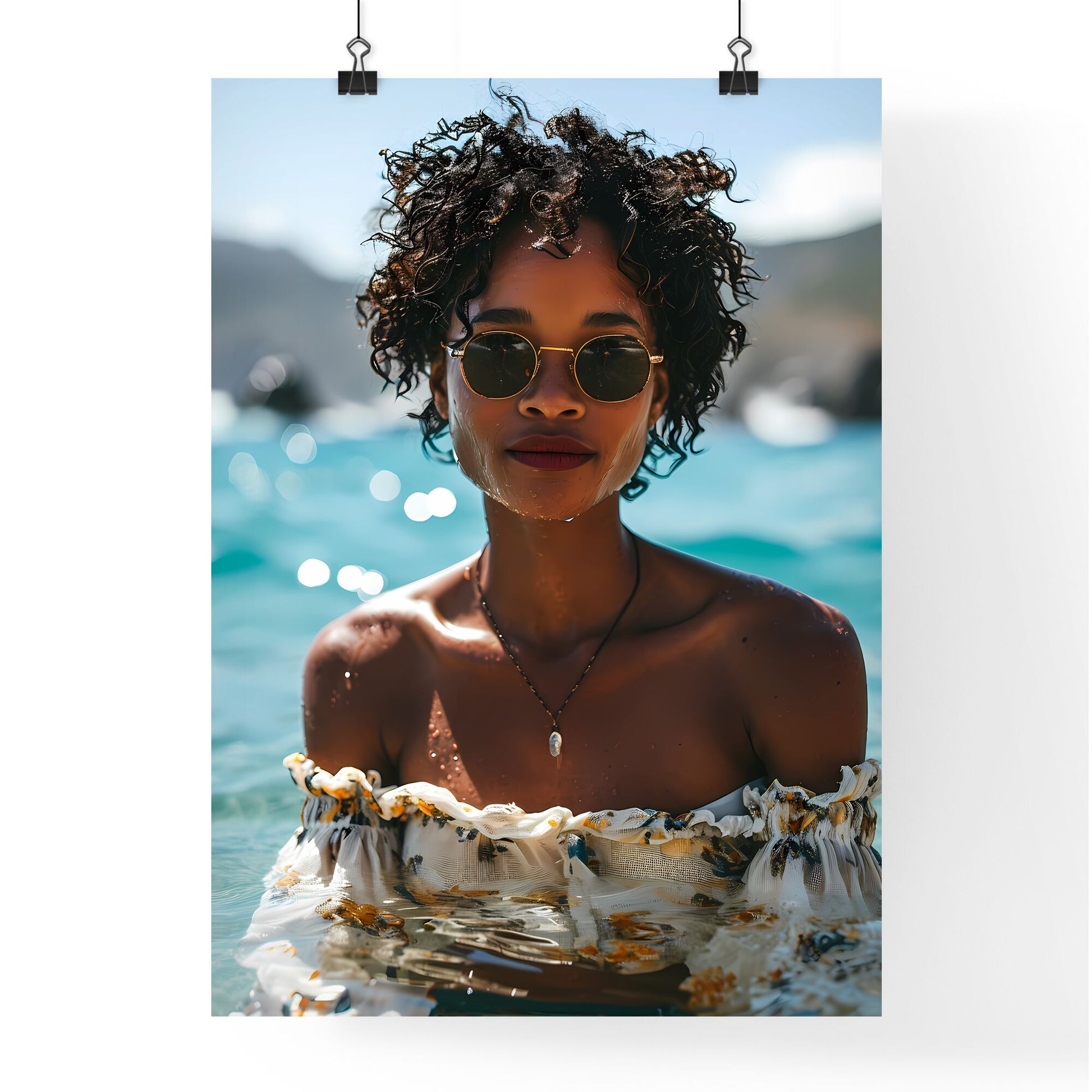 A Poster of a beautiful woman sitting poolside - A Woman In A White Dress In Water Default Title