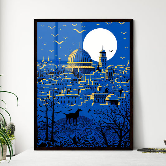 A Poster of outline the city of Jerusalem - A City With A Dome And A Building With Birds And A Moon Default Title