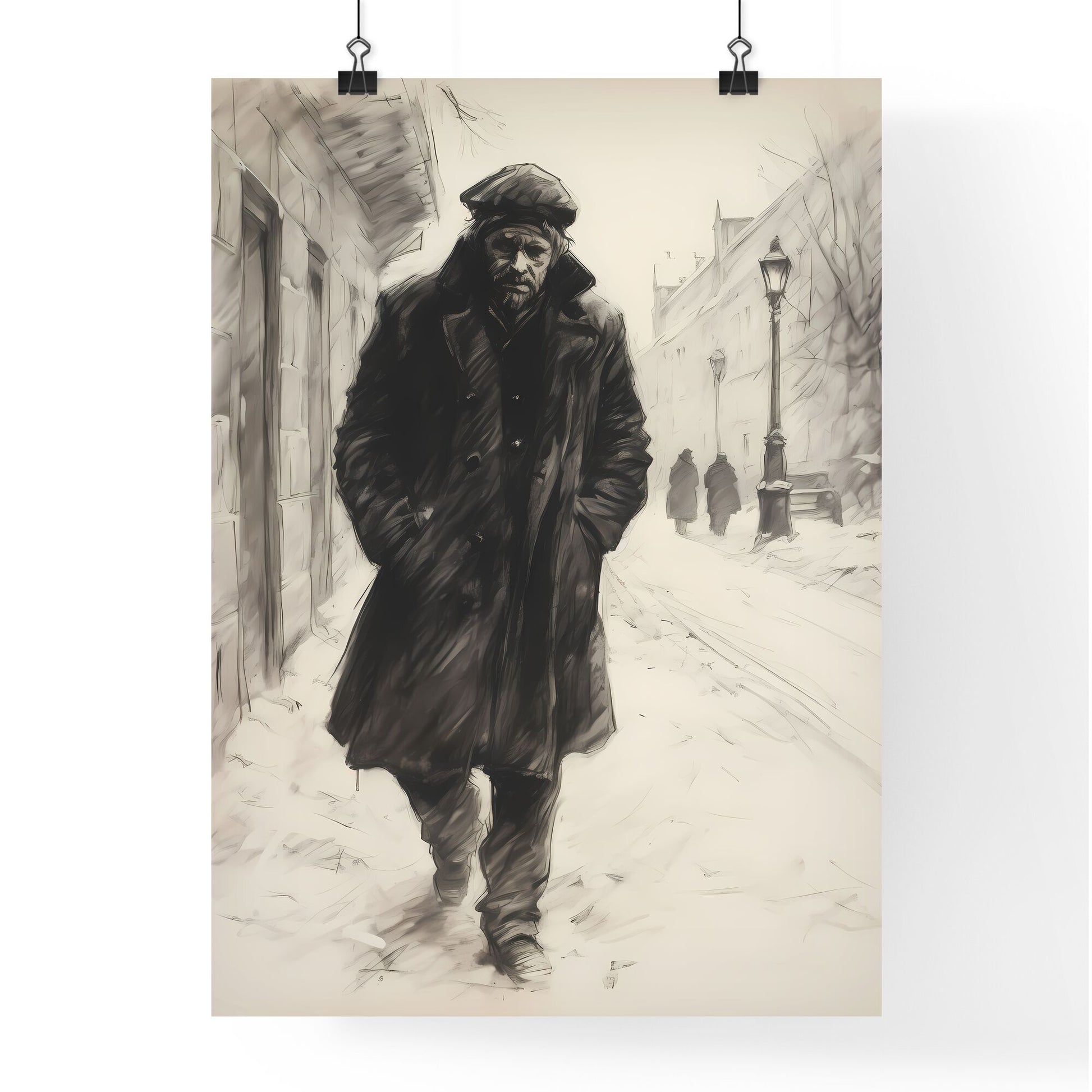 A Poster of charcoal drawing of a boshevik - A Man Walking Down A Snowy Street Default Title