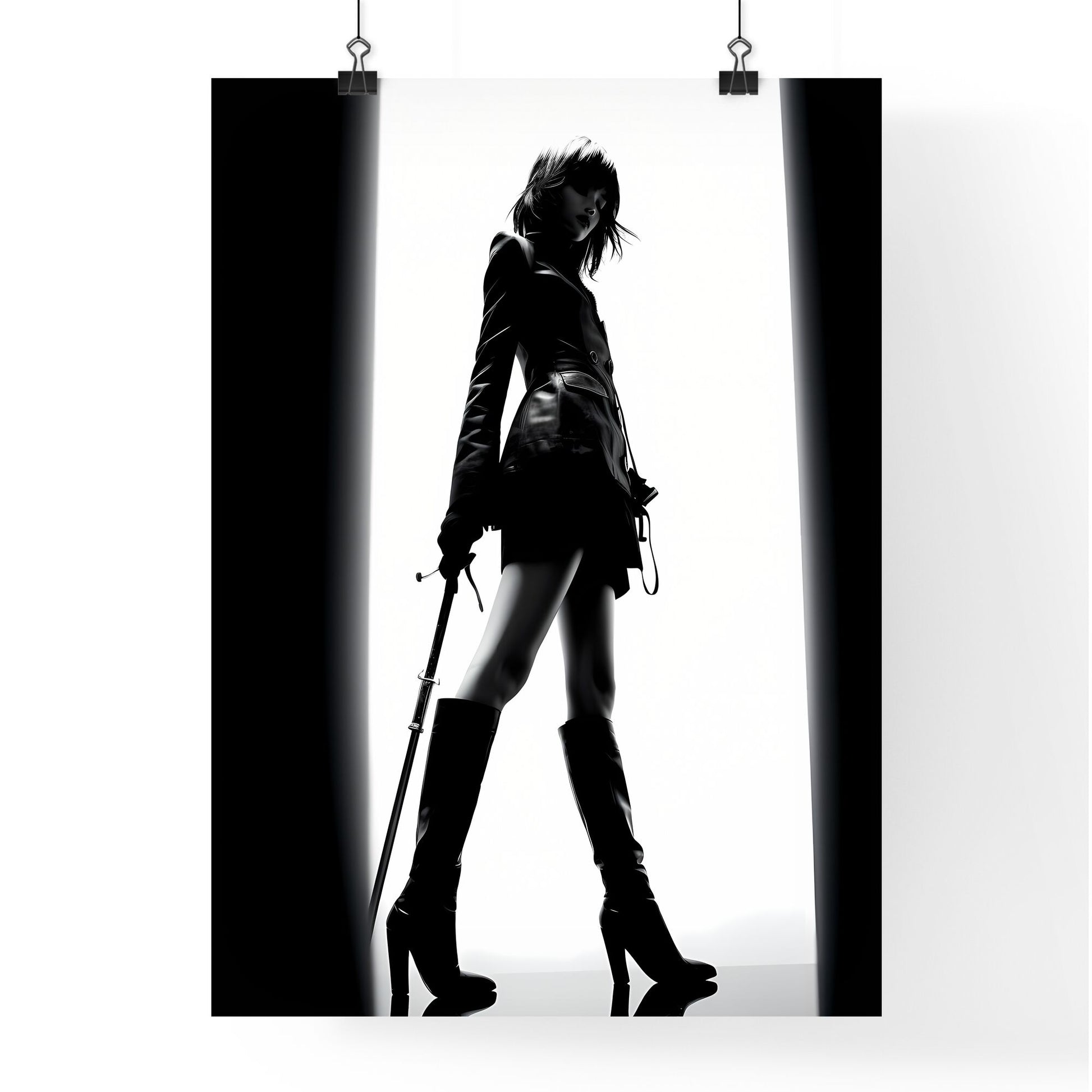 A Poster of girl model shooting low angle shot - A Woman In A Leather Coat And Boots Holding A Sword Default Title