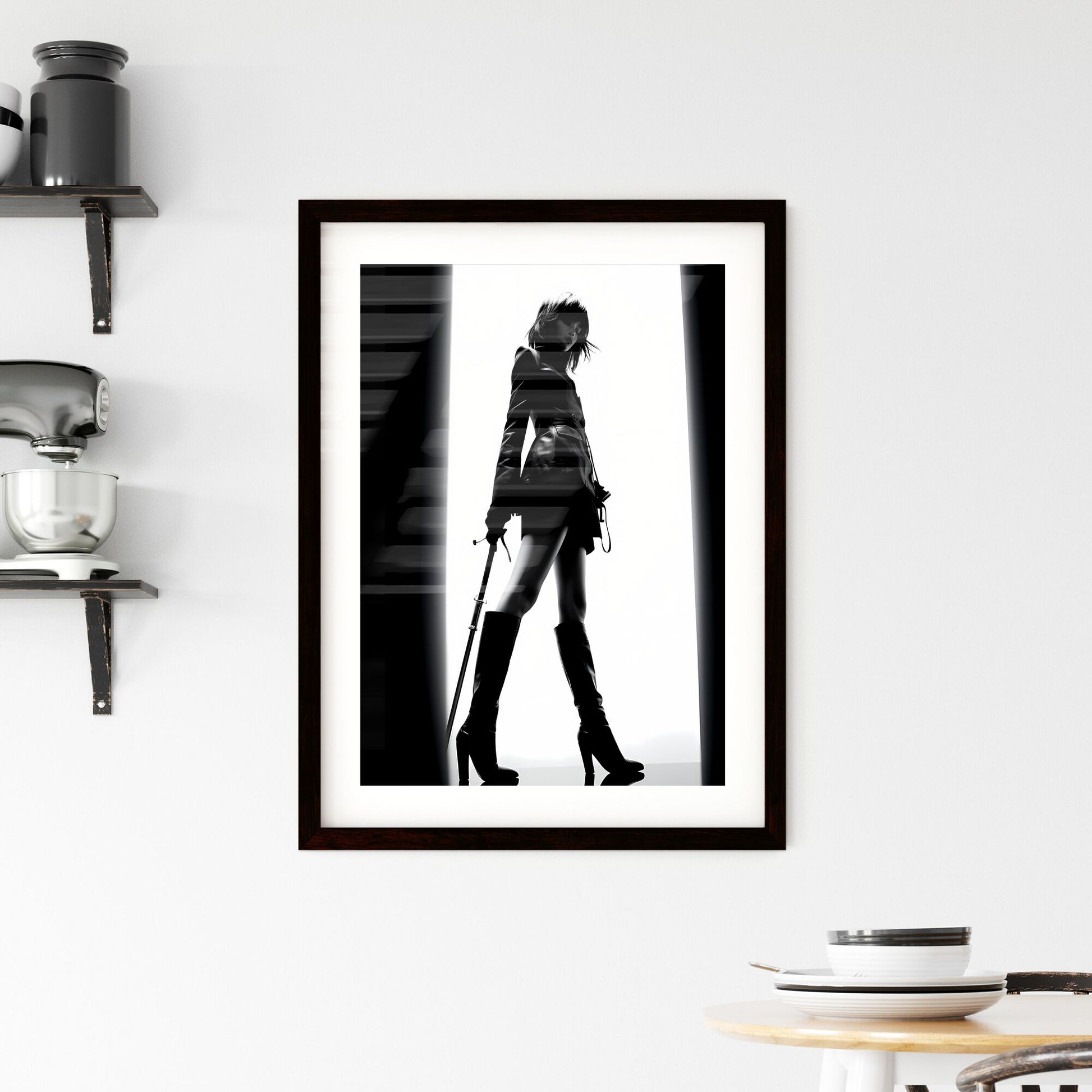 A Poster of girl model shooting low angle shot - A Woman In A Leather Coat And Boots Holding A Sword Default Title