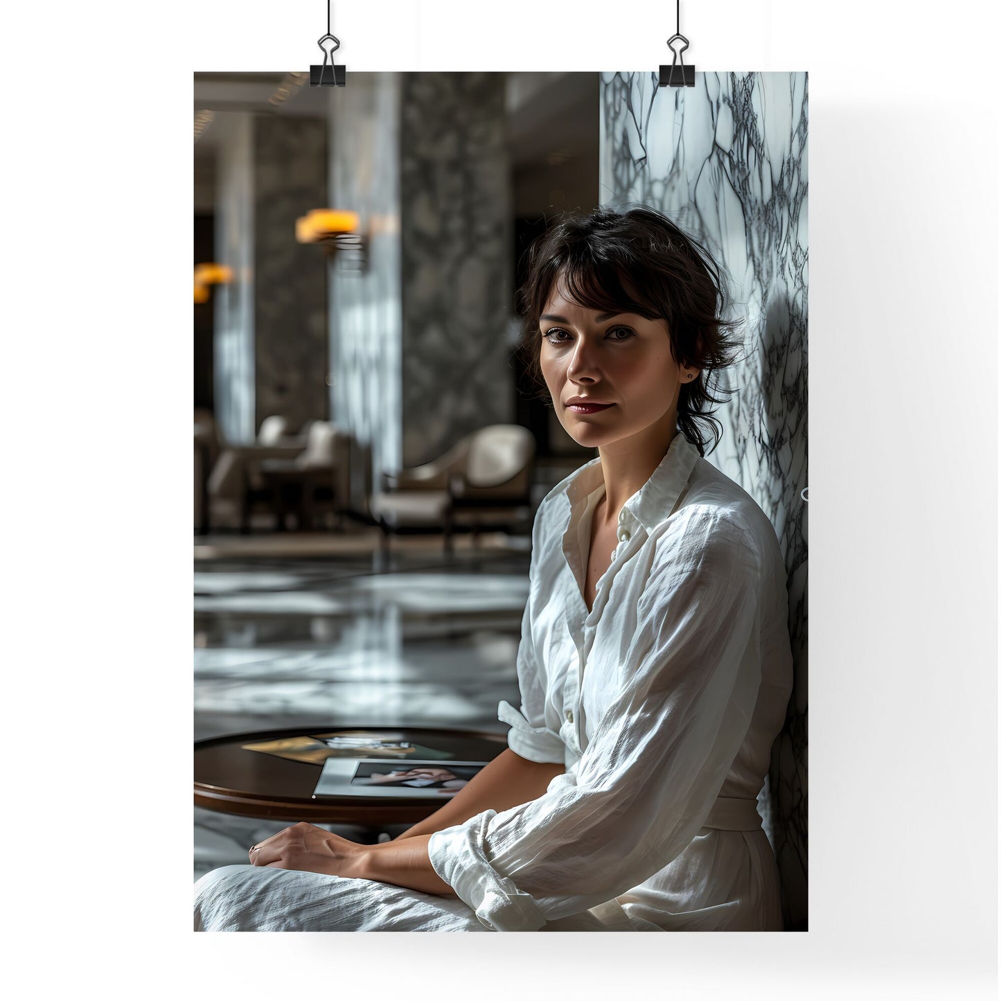 A Poster of A well-lit room with neutral-colored walls - A Woman Leaning Against A Wall Default Title