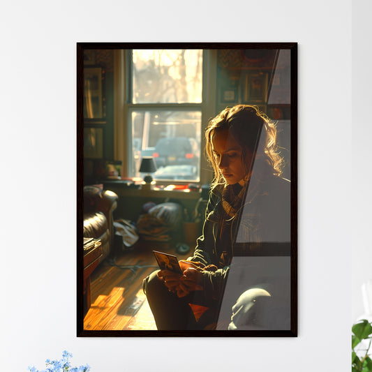 A Poster of A well-lit room with neutral-colored walls - A Woman Sitting In A Chair Looking At A Picture Default Title