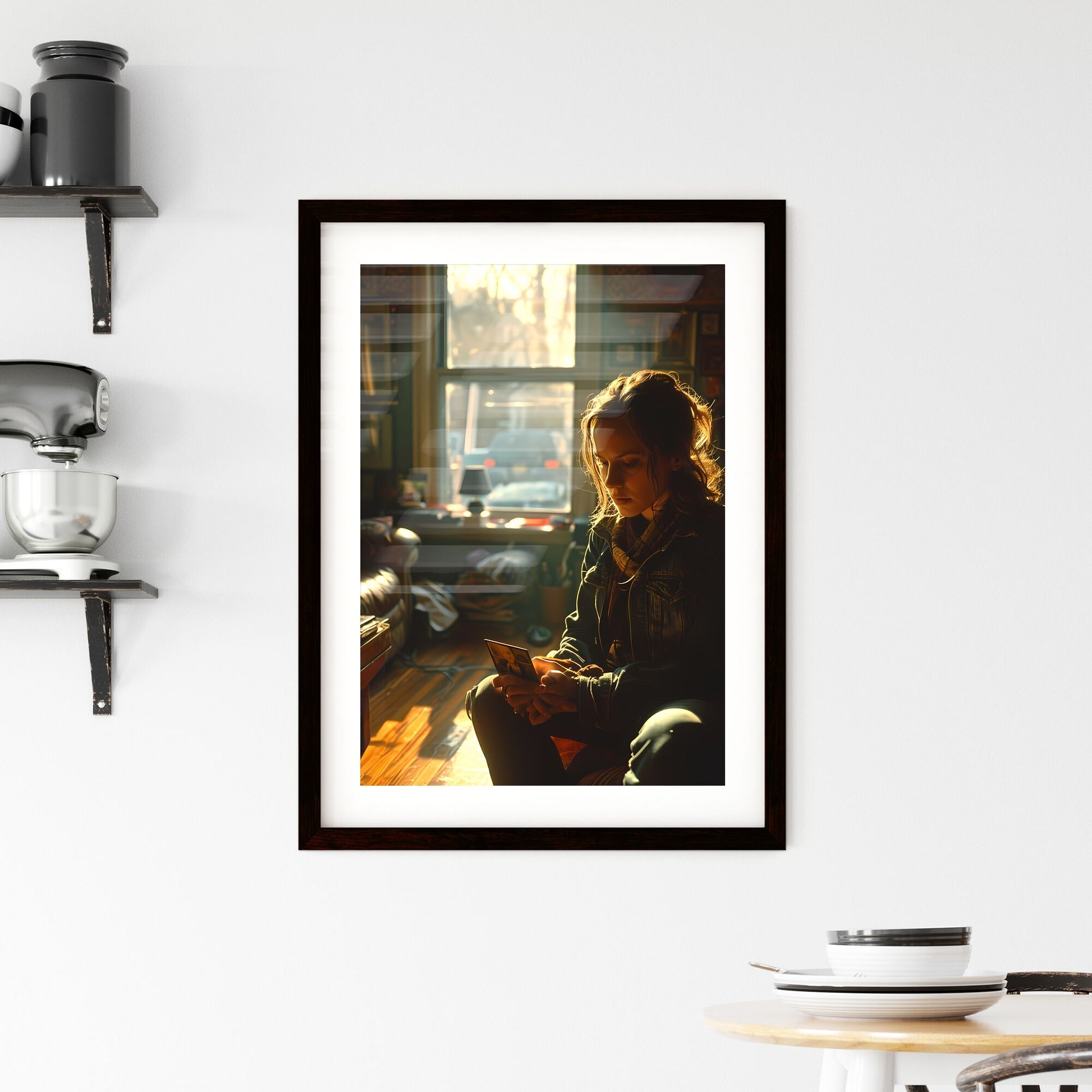 A Poster of A well-lit room with neutral-colored walls - A Woman Sitting In A Chair Looking At A Picture Default Title