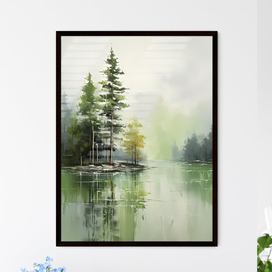 A Poster of green forest landscape oil - A Painting Of A Lake With Trees And A Foggy Sky Default Title