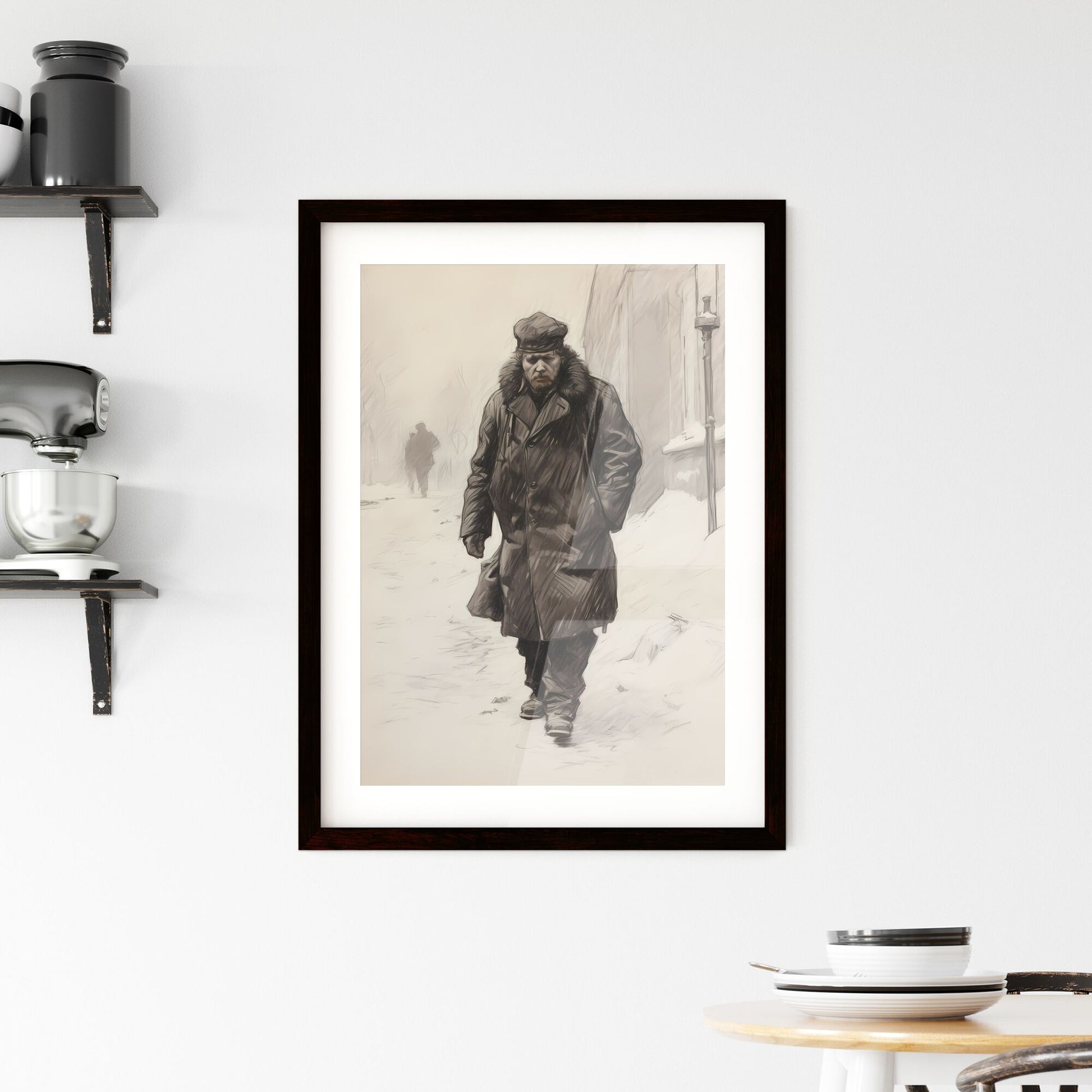 A Poster of charcoal drawing of a boshevik - A Man Walking In The Snow Default Title