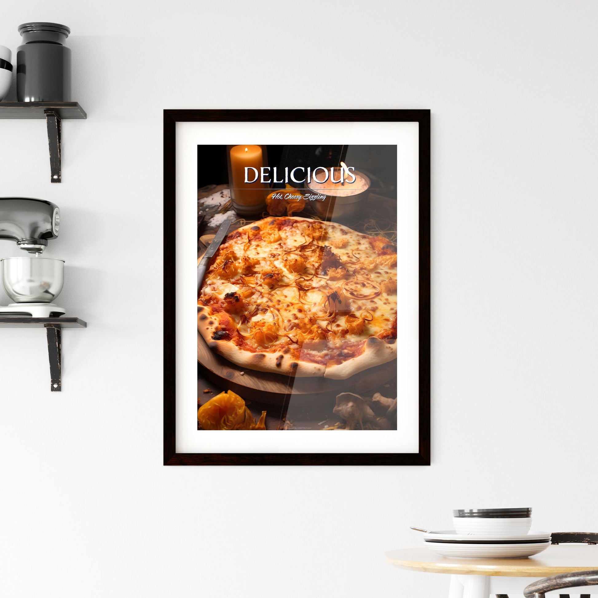 A Poster of hot cheesy pizza - A Pizza With A Knife And A Candle Default Title