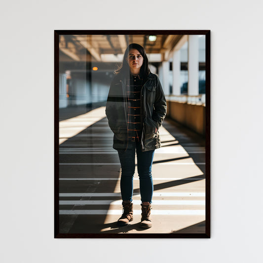 A Poster of one woman with shadows in the tunnel - A Woman Standing In A Parking Lot Default Title
