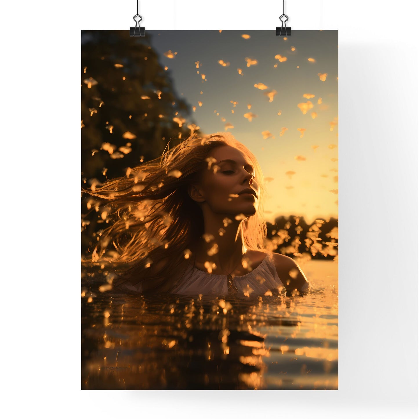 A Poster of The first ray of sunshine - A Woman In Water With Flying Petals Default Title