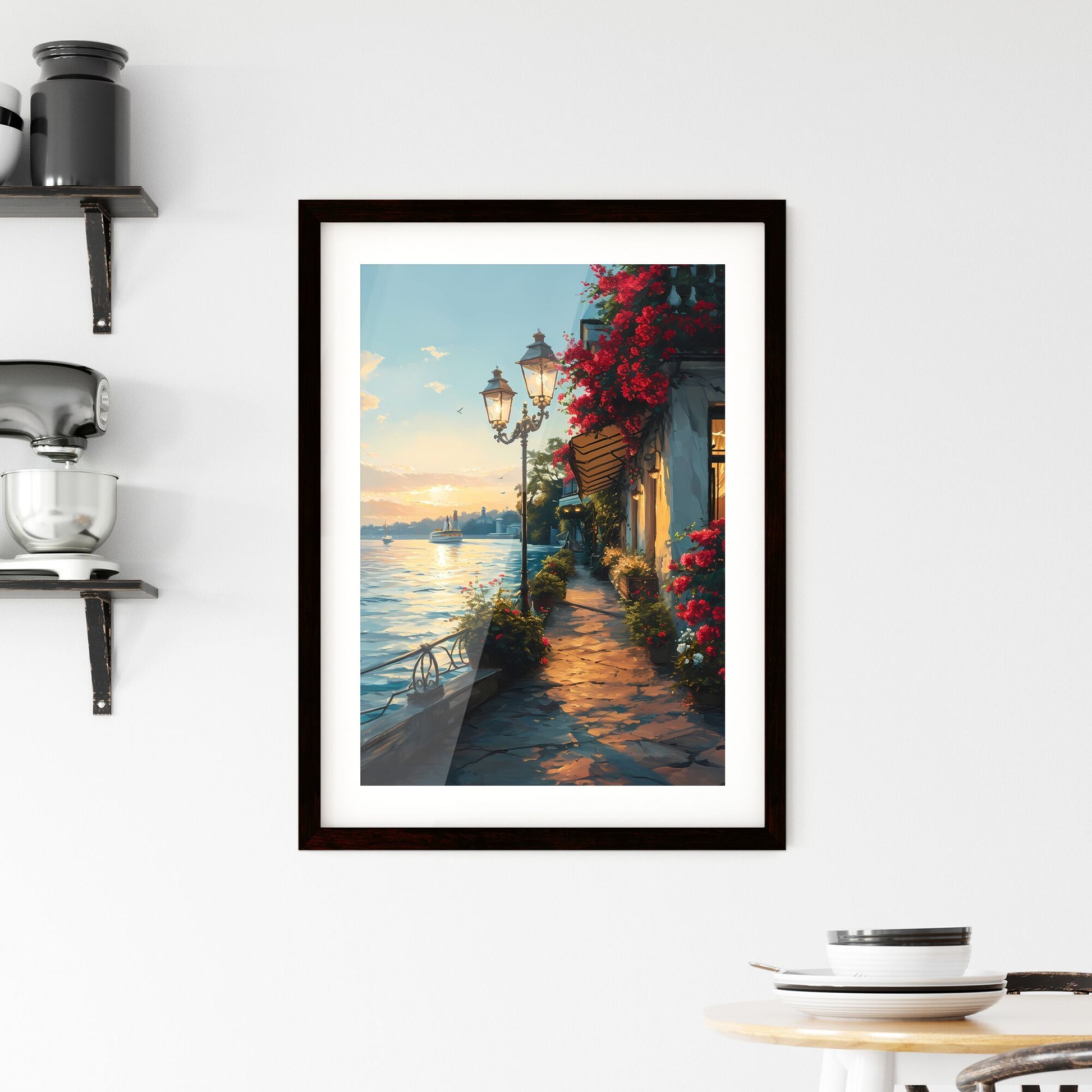 A Poster of Cafe warm lamp lakeside - A Street With Flowers And A Body Of Water Default Title