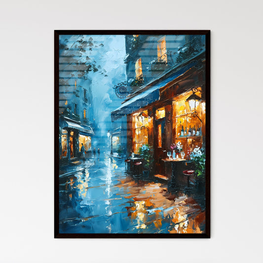 A Poster of bar warm lamp windownight - A Street With Shops And Tables On It Default Title