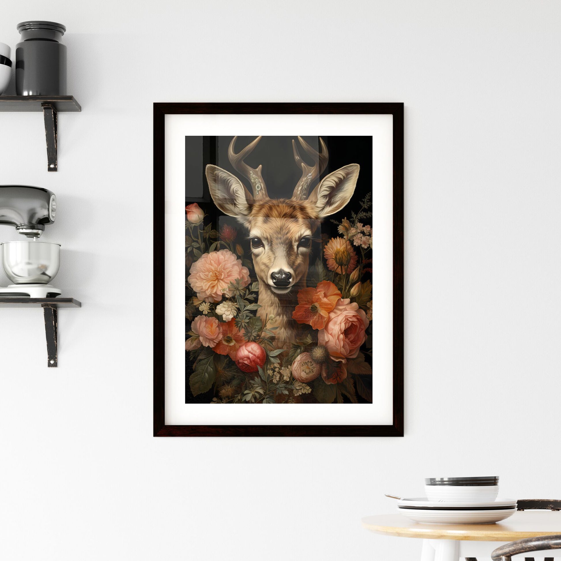A Poster of deer art print - A Deer With Antlers Surrounded By Flowers Default Title