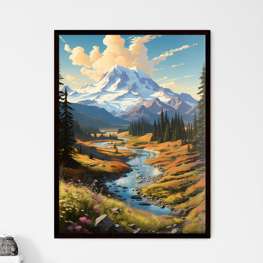 A Poster of Mount Rainier National Park - A River Running Through A Valley With Trees And A Mountain In The Background Default Title