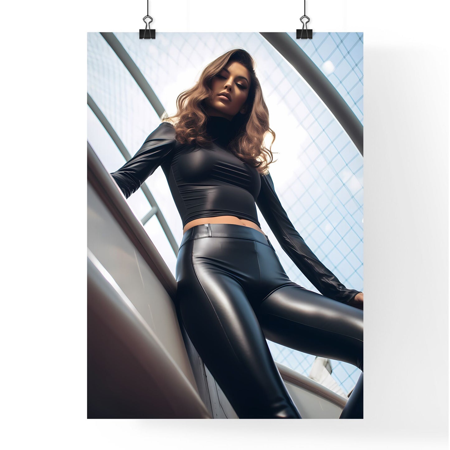 A Poster of Supermodel wearing seamless leather leggings - A Woman In Black Leather Pants Default Title