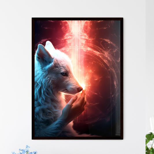 A Poster of A wolf is petting a lamb gently - A White Wolf With A Light Shining On Its Face Default Title