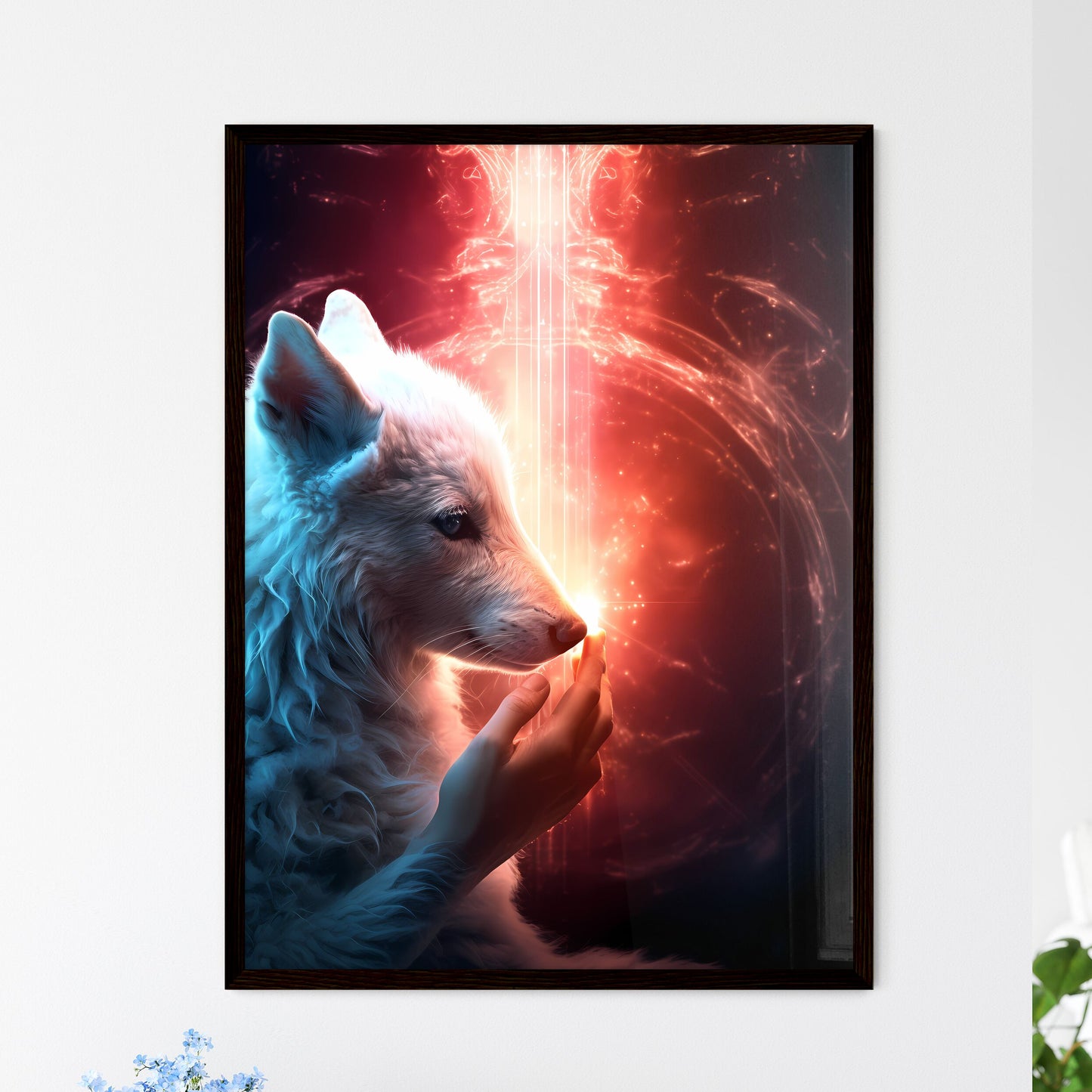 A Poster of A wolf is petting a lamb gently - A White Wolf With A Light Shining On Its Face Default Title