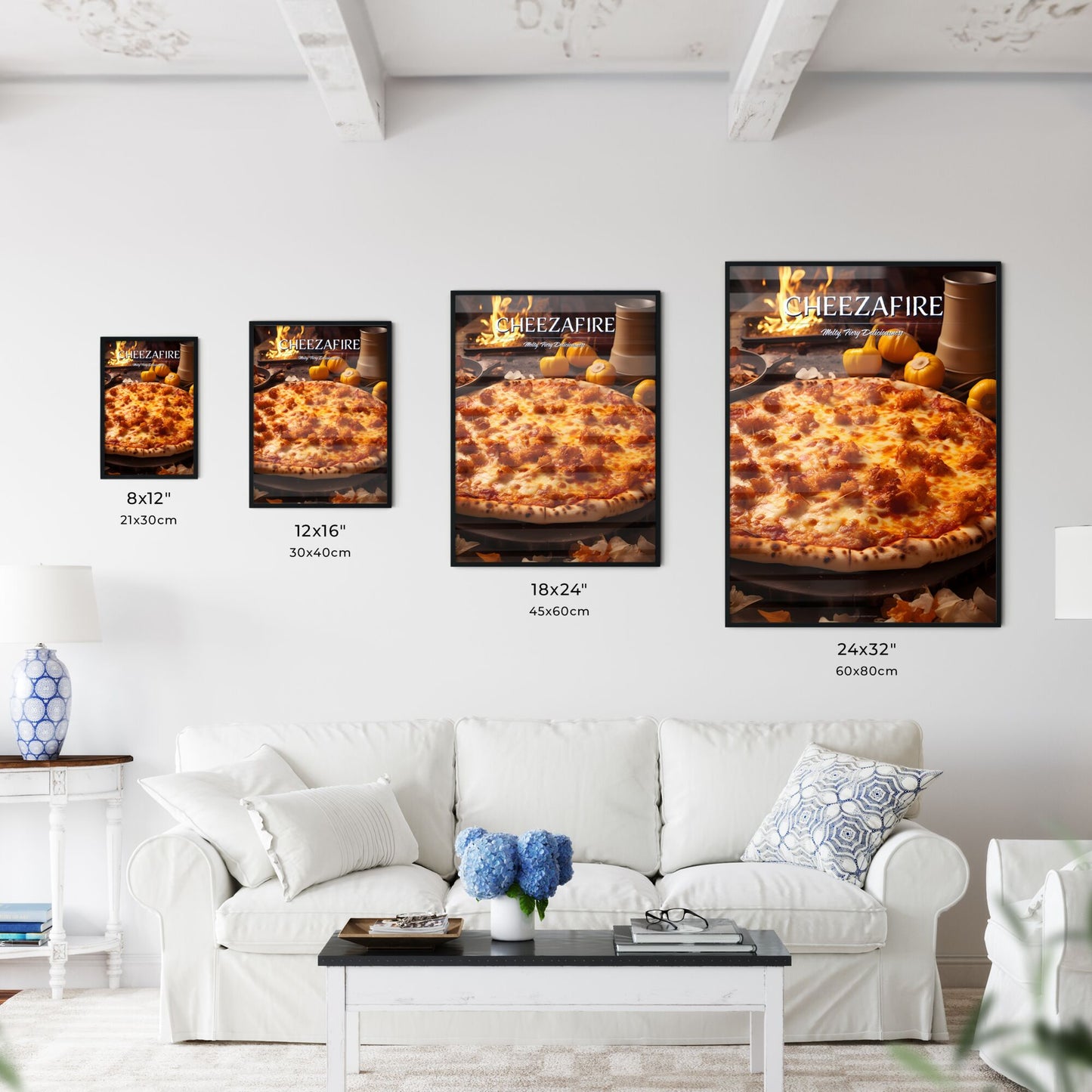 A Poster of hot cheesy pizza - A Pizza With A Fire And Vegetables Default Title