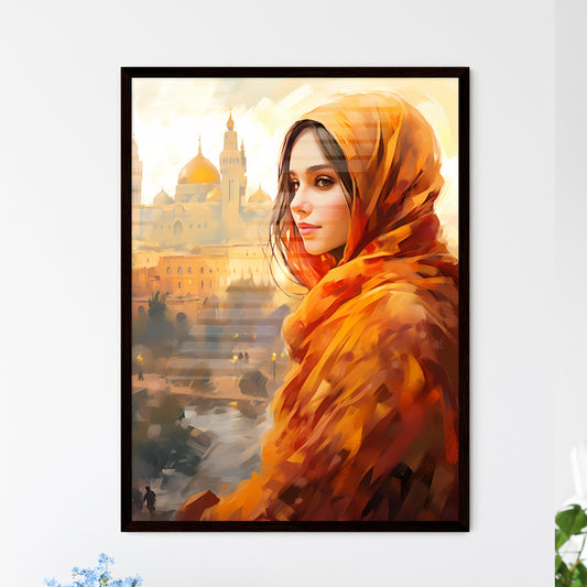 A Poster of beautiful woman wearing hijab - A Woman In Orange Scarf Looking At A City Default Title