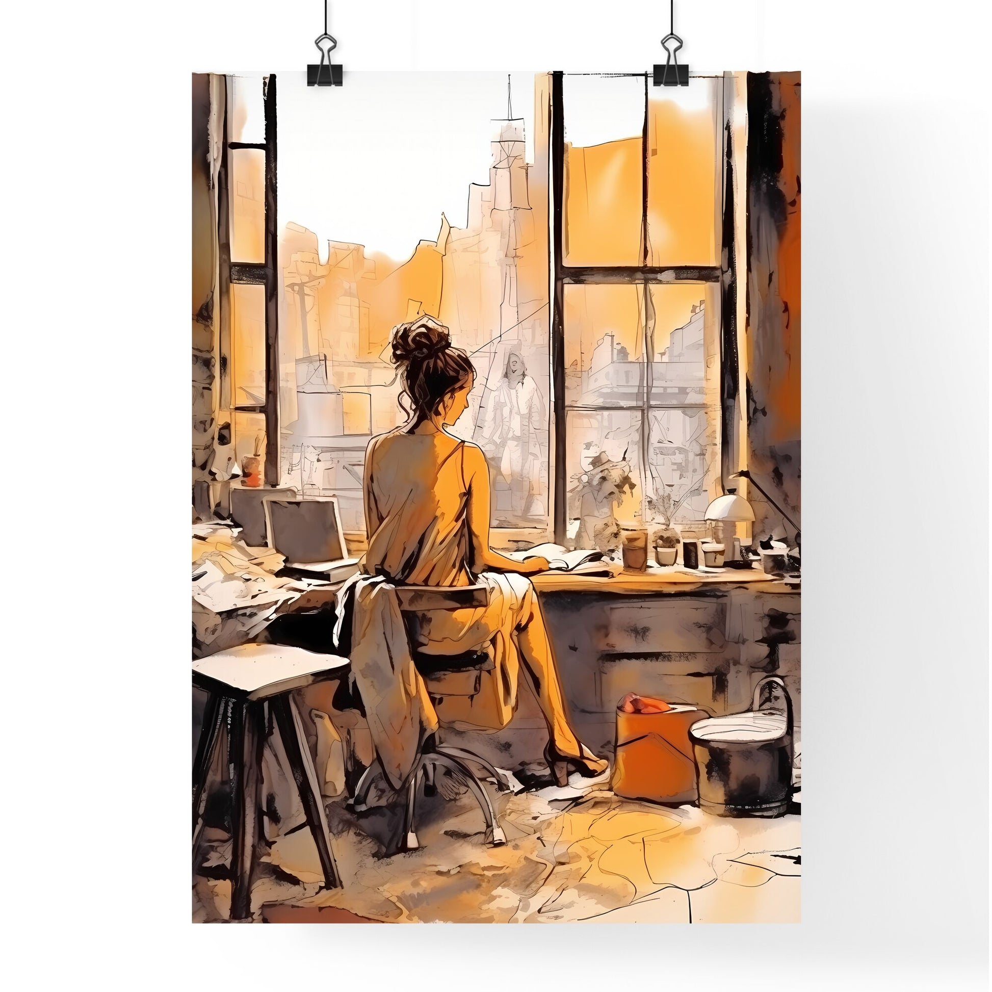 A Poster of Woman working at loft office - A Woman Sitting At A Desk Looking Out A Window Default Title