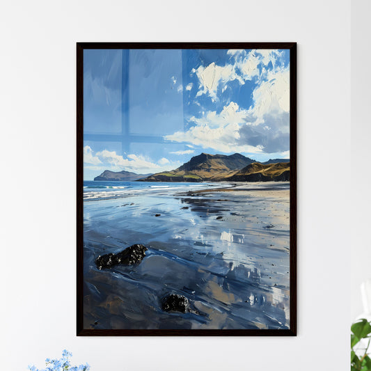 A Poster of Long Beach Art Sketch with clear blue Background - A Beach With Water And Mountains In The Background Default Title