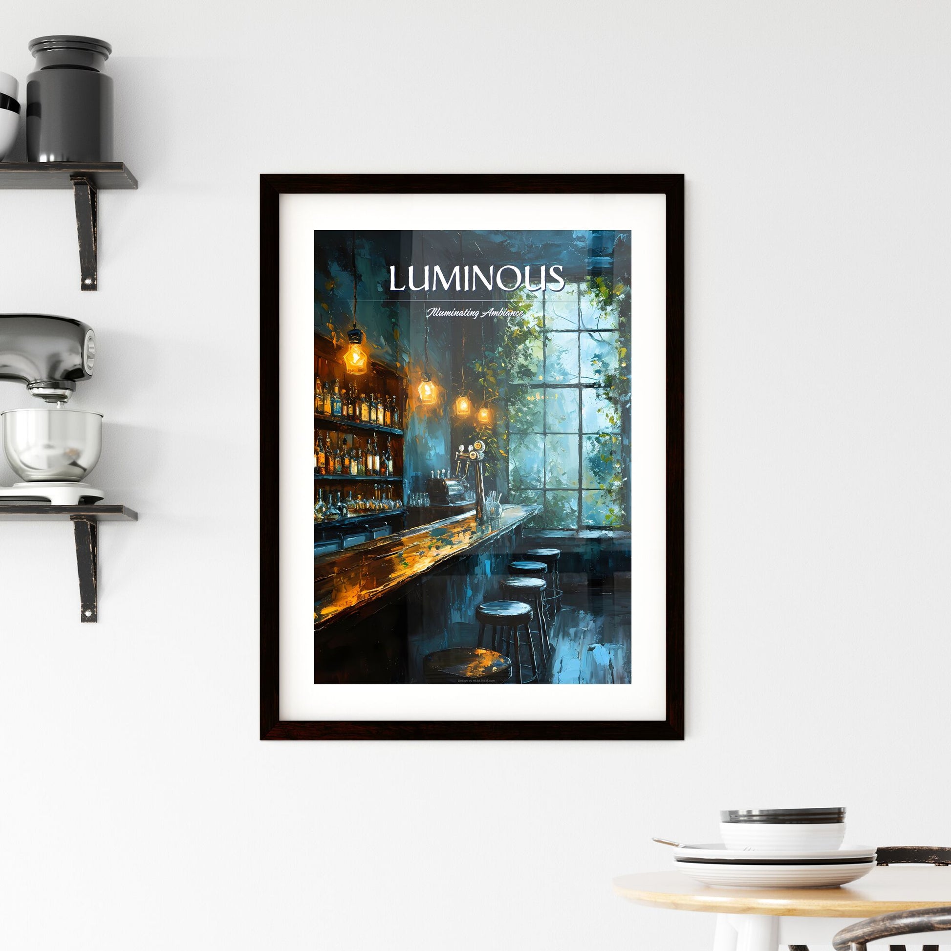 A Poster of bar warm lamp windownight - A Bar With A Row Of Bottles On Shelves Default Title