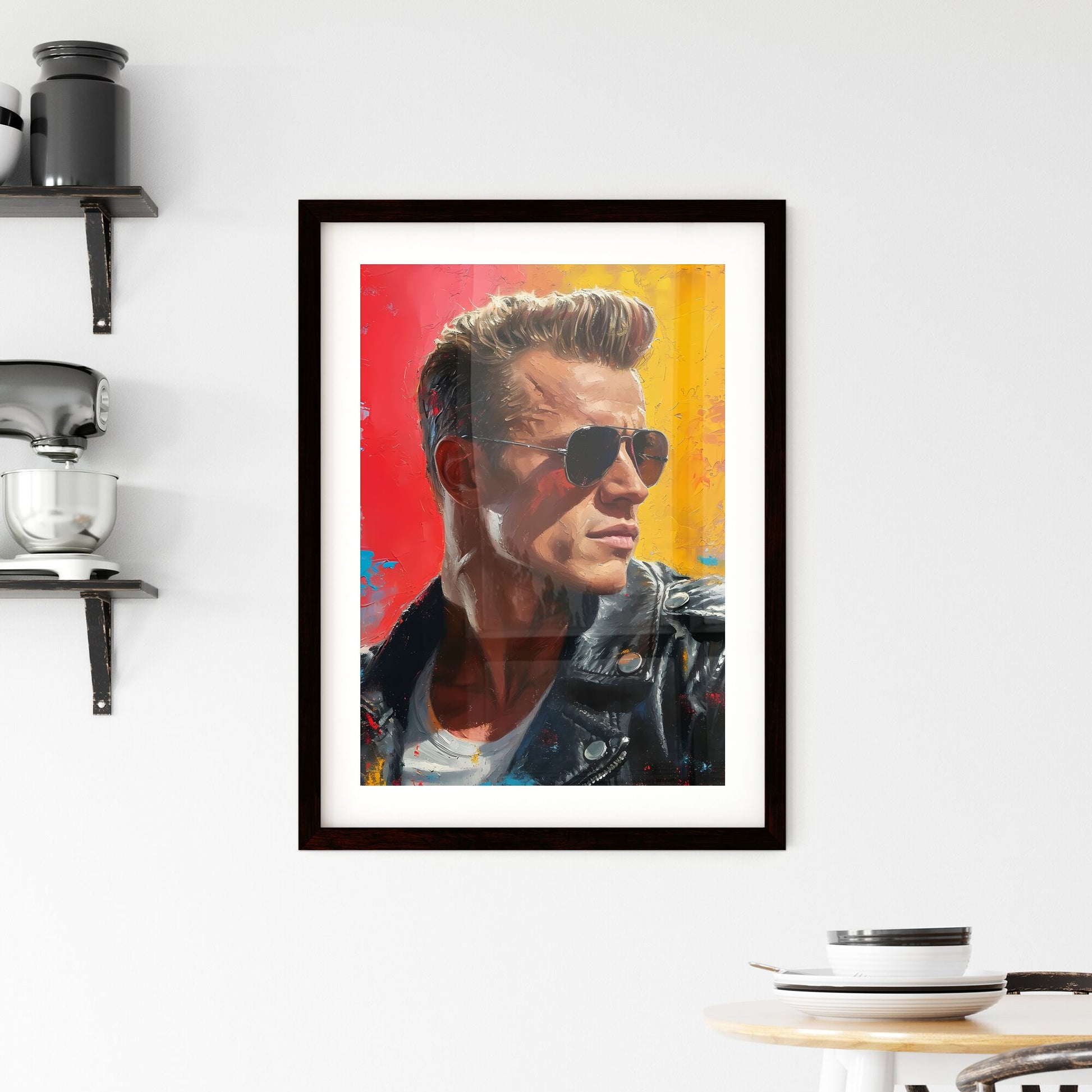 A Poster of The Terminator Portrait with colorful Background - A Man Wearing Sunglasses And A Leather Jacket Default Title